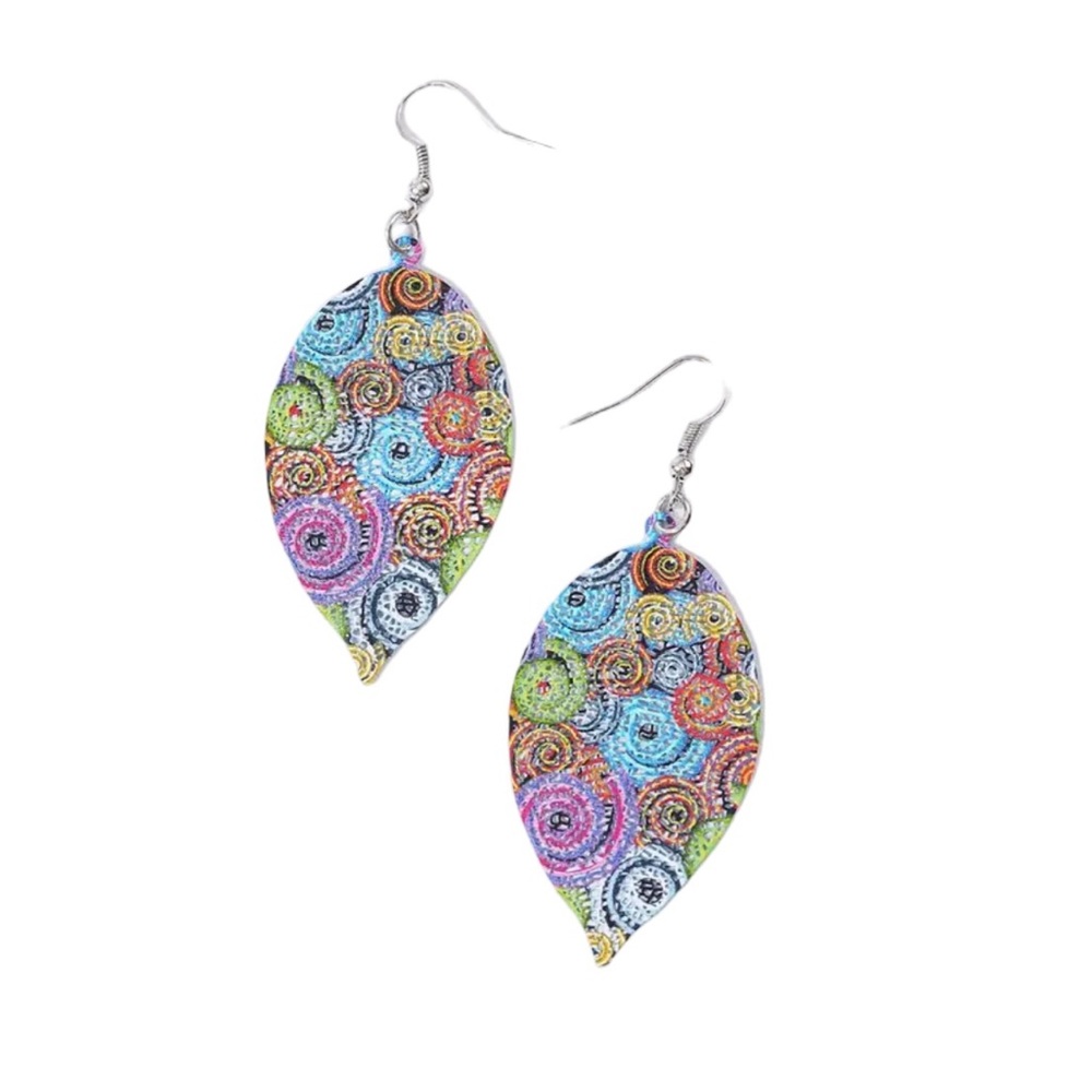Colorful Circle of Flowers Leaf Shape Drop Earrings